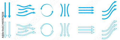 Set of vector arrows with Air flow and direction. Arrows in different styles showing movement, flow, rotation, and direction, useful for diagrams, presentations, and design projects. 