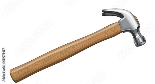 A claw hammer with a wooden handle, isolated on a white background.
