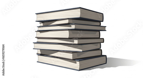 A stack of hardcover books casts a shadow on a white background.