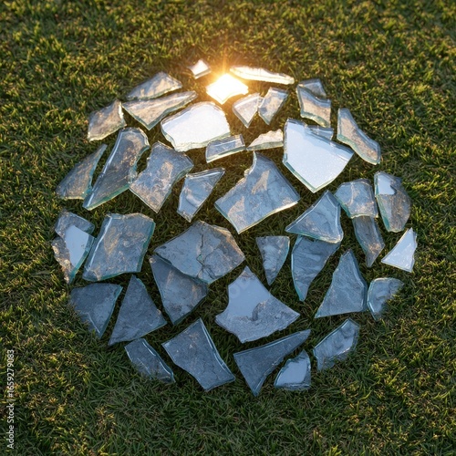 Shattered glass art installation on grass nature sculpture outdoor abstract