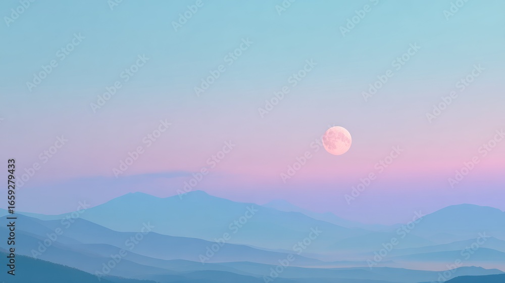 Pastel mountains, full moon, tranquil scene Pastel mountains, full moon, tranquil scene