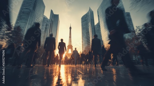 Business people walking past eiffel tower at sunset in paris france
