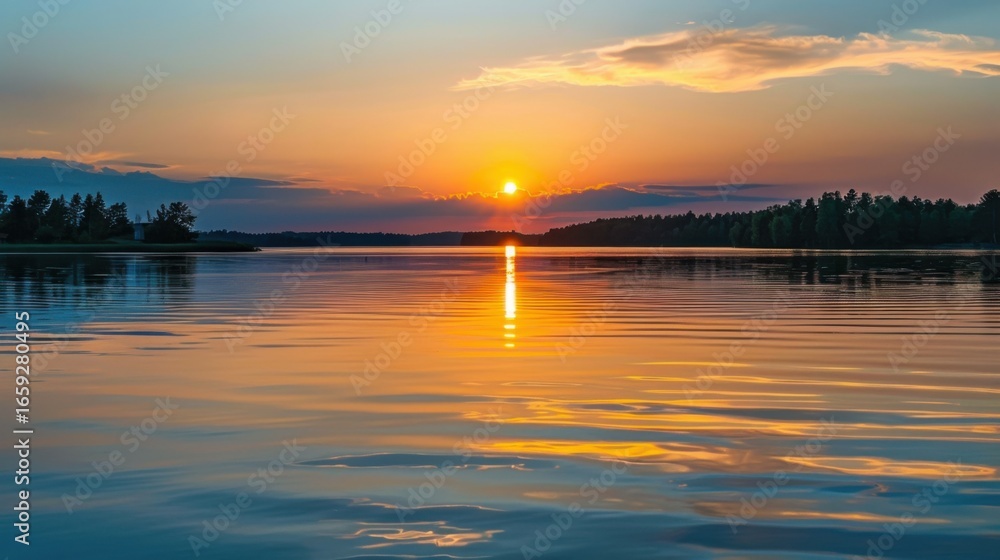 Fototapeta premium Sunset Reflection on a Calm Lake with Distant Hills