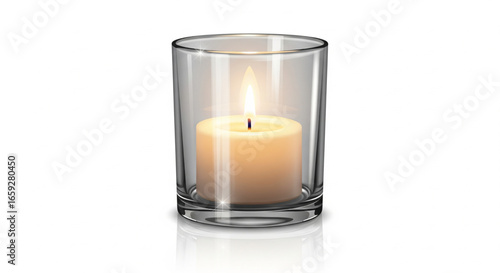 A lit votive candle inside a clear glass holder, casting a warm glow.
