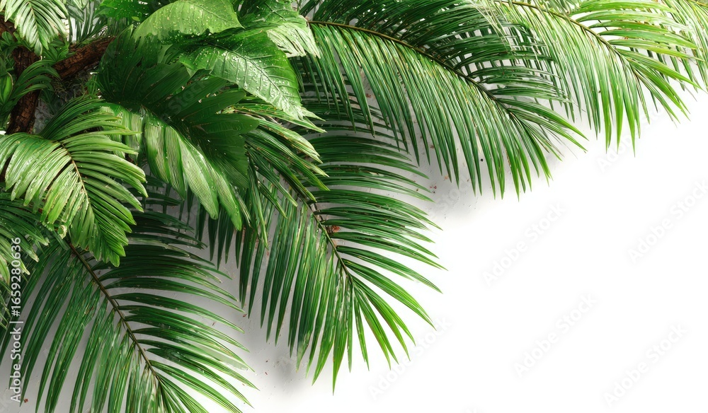 Fototapeta premium Lush green tropical palm fronds against a white background