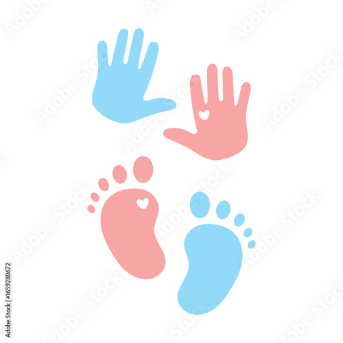 Baby handprints and footprints in pink and blue with heart symbol. Cute newborn design for parenting, childcare, maternity, baby shower, love, care, family, kids, childhood, adoption, charity themes