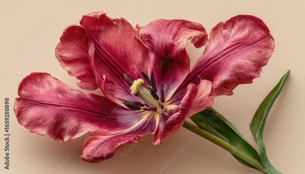 Naklejka premium Close-up of a dark pink tulip against a beige background