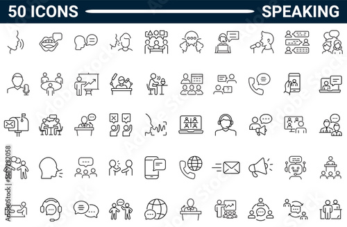 Set of 50 outline icons related to speaking. Linear icon collection. Editable stroke. Vector illustration. Pictograms and infographics for mobile apps. 