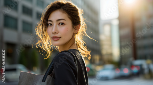 振り返るアジア人女性。逆光。振り向いた瞬間をフォーカスする若くて美しい女性。An Asian woman looking back. Backlit. A young, beautiful woman focusing on the moment she turned around.