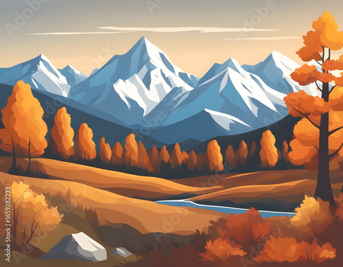 Landscape big mountains, beautiful autumn forest. Autumn forest against the backdrop of snow-capped mountains. Vector illustration.