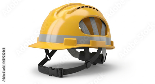 Bright yellow safety helmet with protective features, angled view.
