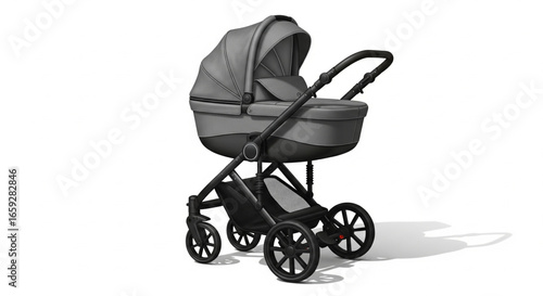 A gray baby stroller with a hood, basket, and wheels is displayed on a white background.