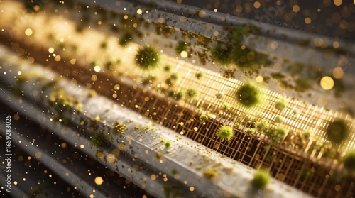 Ultra-realistic 3D video of internal filtration system of modern white air conditioner, close-up of mesh filter with trapped dust, pollen, and mold spores under warm sunlight, photorealistic cinematic