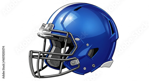 A vibrant blue football helmet, gleaming with a polished finish, sits angled, showcasing its protective facemask and white stripes.