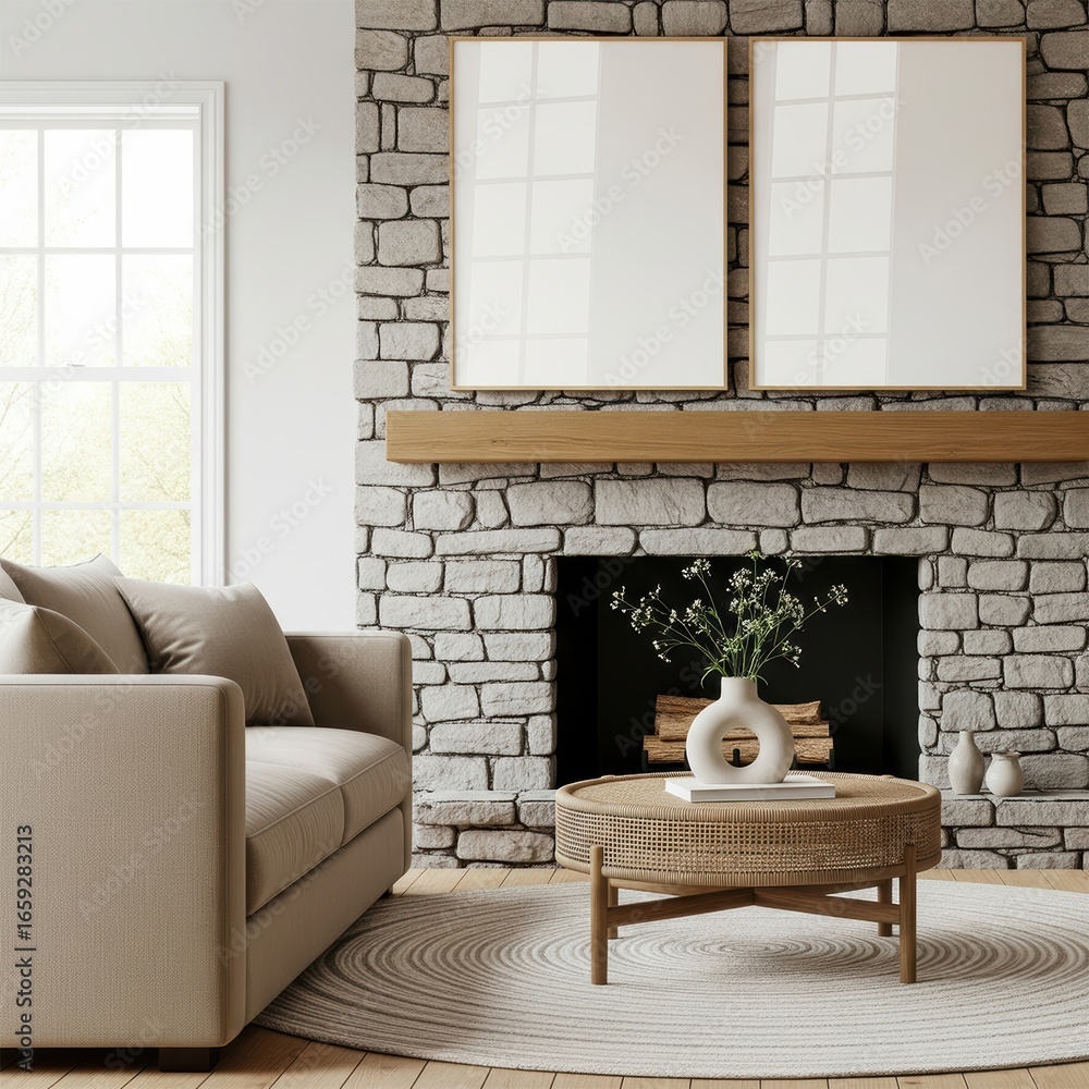 Obraz premium Two mockup poster frames above a rustic stone fireplace in a cozy Scandinavian-style living room with neutral tones and minimalist decor