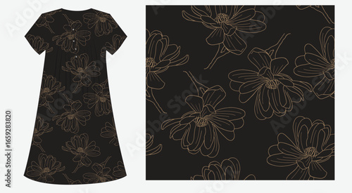 Seamless floral line art pattern in golden beige over a black background, shown on a women’s dress. Perfect for elegant evening wear, resort fashion, luxury scarves, and upscale nightwear. 