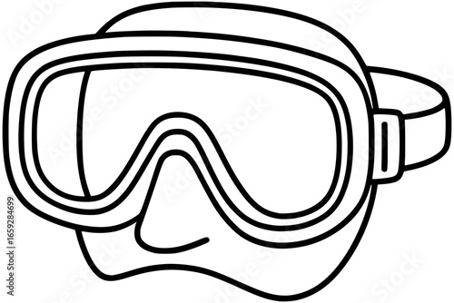 Black and white vector outline of diving mask. Minimal water sport equipment icon for snorkeling, scuba diving, underwater adventure, ocean exploration, and marine recreation illustration