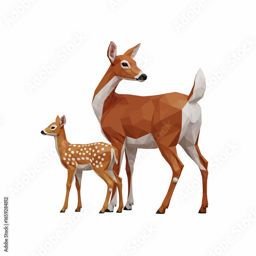 A graceful doe and her spotted fawn stand side-by-side, showcasing their elegant forms and the gentle bond between mother and offspring in a stylized, illustrative depiction.