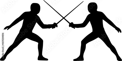 Minimalist vector silhouettes of fencing duel with crossed swords. Simple combat sport icon for fencing, athlete training, competition, Olympic sport, and martial arts illustration