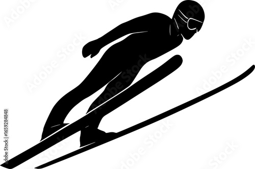 Ski Jumper Mid-Air Silhouette, Minimal Black Vector Winter Sports Illustration