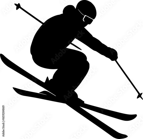 Monochrome vector silhouette of skier jumping. Minimal winter sport icon for skiing, alpine adventure, extreme activity, mountain slope, and outdoor recreation illustration