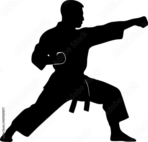 Monochrome vector silhouette of karate fighter punching. Minimal martial arts icon for training, combat sport, fitness, self-defense, and athletic competition illustration