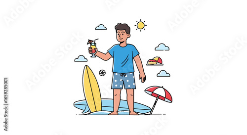 Man Enjoying Tropical Drink With Surfboard On Beach Under Sunny Sky Illustration With Water and Recreation and Leisure Activities