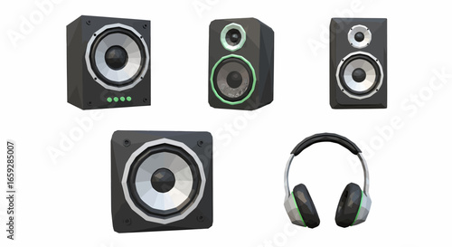 Five different audio speakers and headphones, isolated on a white background.