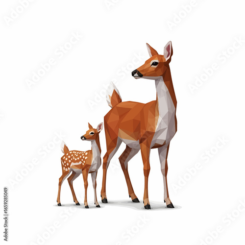 A mother white-tailed deer and her spotted fawn stand together, depicted in a low-polygonal art style.