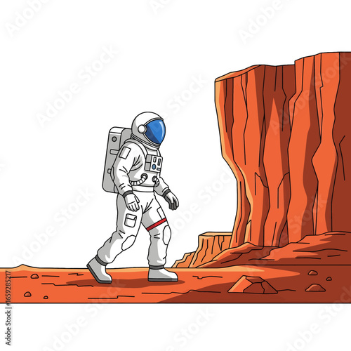 Astronaut in White Space Suit Walking on Red Planet Surface with Cliffs Cartoon Illustration