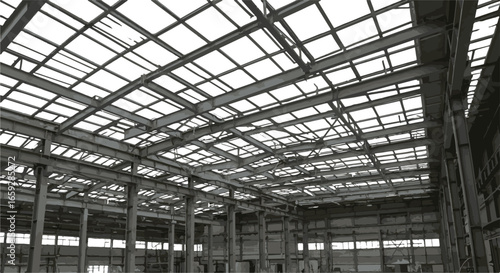 Overhead View of Industrial Building Interior with Steel Beams and Skylights warehouse structure