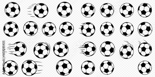 Collection of soccer balls in various positions, some showing motion trails, arranged on a transparent background.