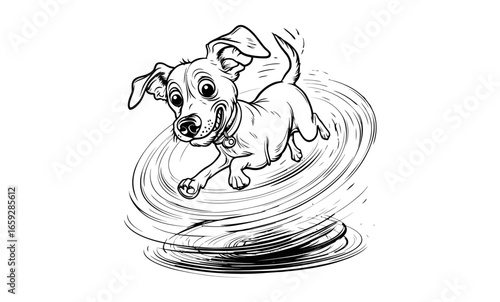 Whimsical black and white cartoon illustration of a funny, energetic puppy spinning joyfully in a dynamic whirlwind