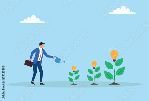 Vector illustration of a businessman watering plants growing into light bulbs, symbolizing nurturing ideas, innovation, business growth, and creative development
