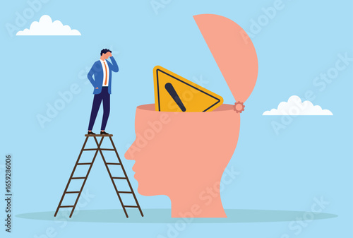 Vector illustration of an upset businessman on a ladder looking into an open head with a warning sign inside, symbolizing awareness, risk, caution, or mental alertness
