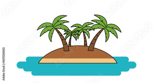 Small Tropical Island with Green Palm Trees Surrounded by Light Blue Ocean Water Graphic Illustration on White Background