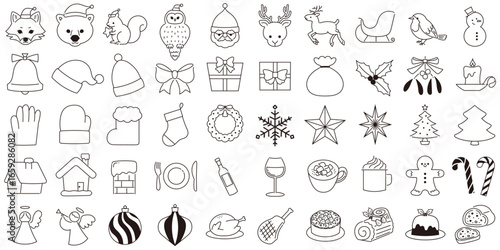 モノクロのクリスマス線画アイコンセット