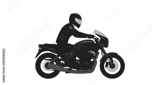 Silhouette of a Motorcyclist in Full Gear Riding a Black Motorcycle on a White Background Side View Transportation and Adventure Theme