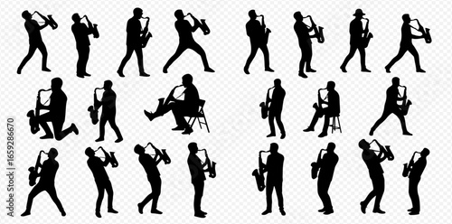 A collection of black silhouettes depicting male musicians passionately playing the saxophone in diverse standing, kneeling, and sitting positions.