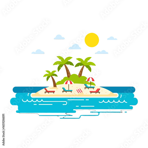 Sunny Tropical Island with Palm Trees Chairs and Umbrellas in Pixel Art Style Vector Illustration