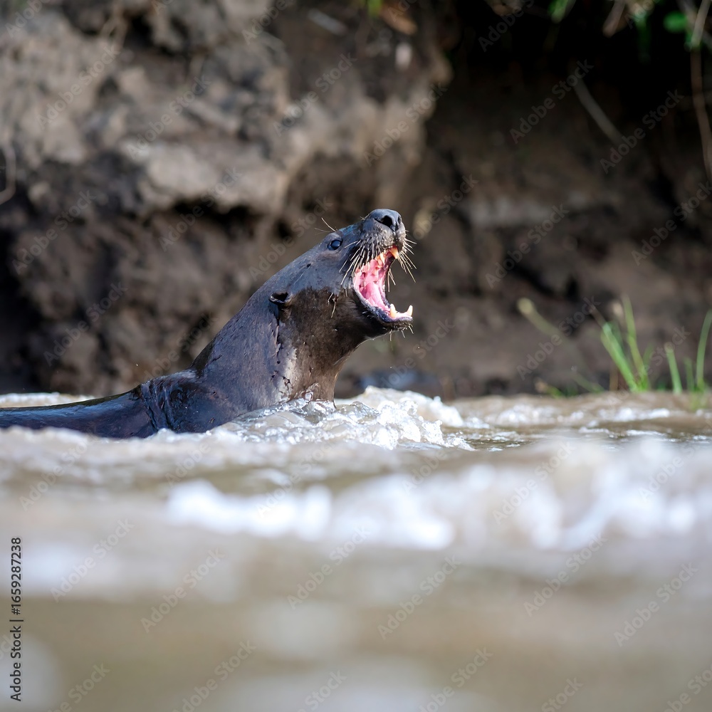 Obraz premium River otter emerging from water, mouth open