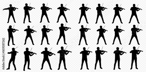 A collection of black silhouettes of a male violinist playing the violin in various poses.