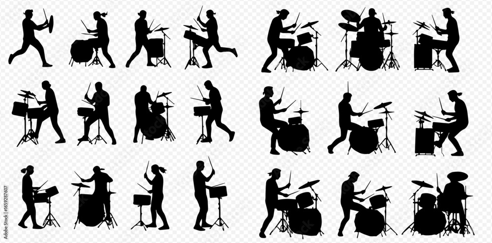 Fototapeta premium A collection of black silhouettes depicting male and female musicians actively playing acoustic and electronic drum sets.