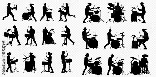 A collection of black silhouettes depicting male and female musicians actively playing acoustic and electronic drum sets.