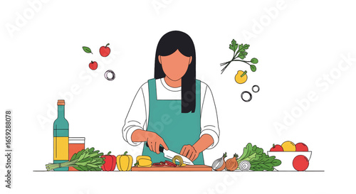 Woman in Green Apron Chopping Vegetables on Wooden Board with Bottle of Oil and Variety of Vegetables on White Background