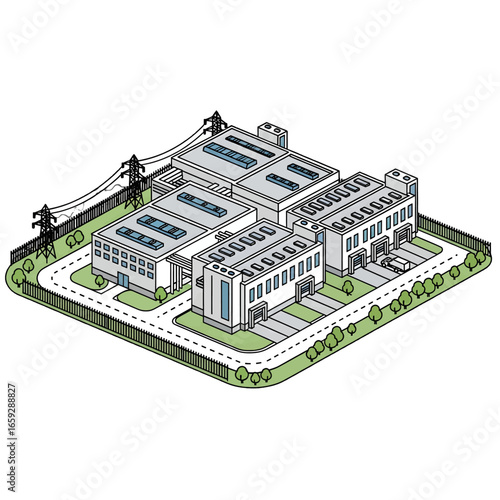 Isometric View of a Modern Industrial Complex with Power Lines and Green Grounds on White