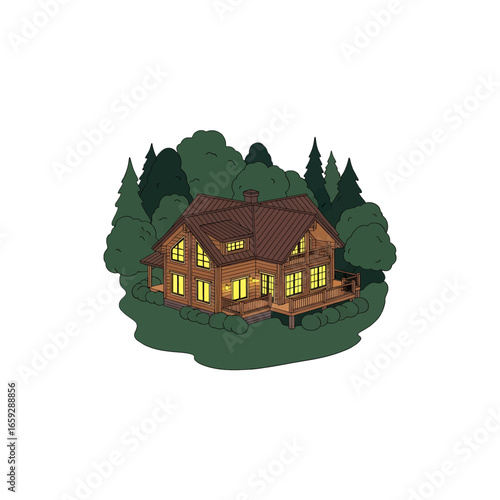 Illustration of Brown Wood House Surrounded by Green Trees in Forest With Light Emitting from Windows Under Clear Sky