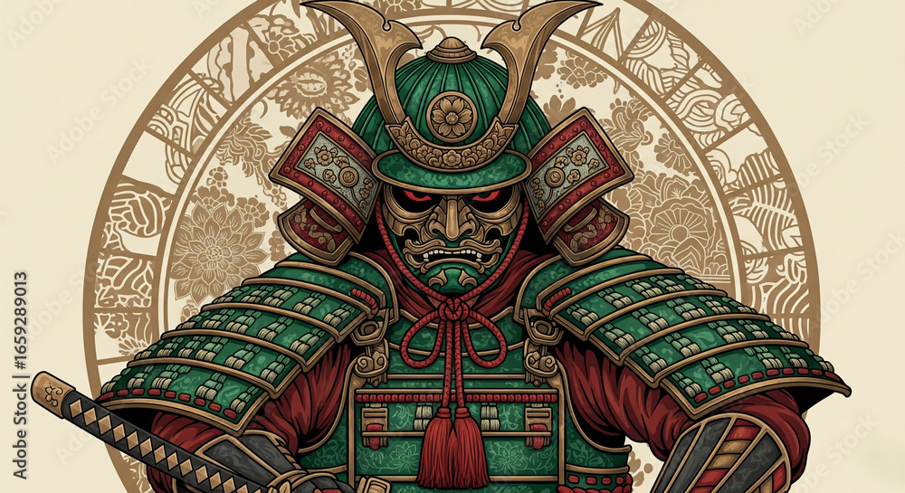 Fototapeta premium Ferocious Samurai Warrior with Red Eyes