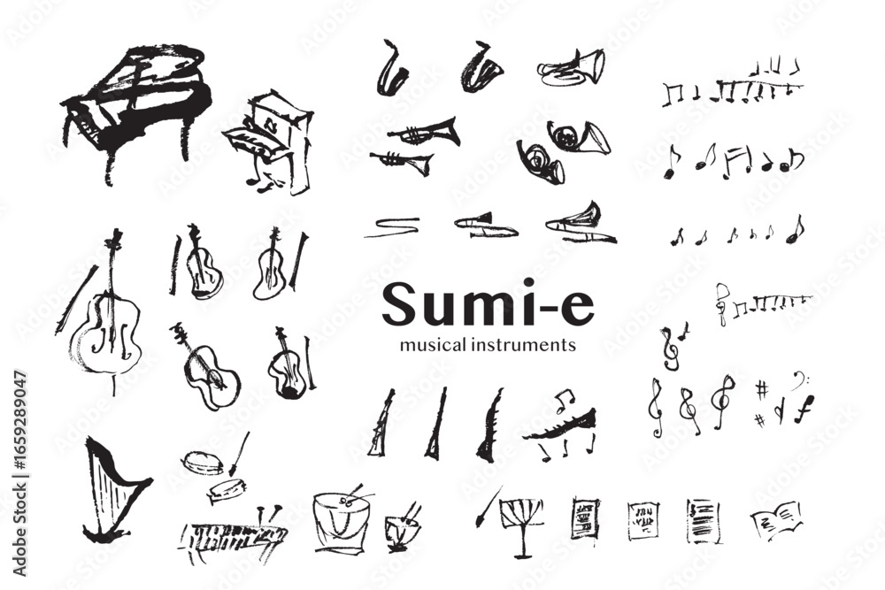 Obraz premium 墨絵:楽器を緩い墨絵で手描きしたベクターイラスト Sumi-e: A set of hand-drawn vector illustrations of musical instruments in loose sumi-e style.