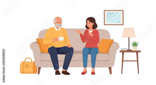 Elderly Man and Young Woman Conversing While Sitting on a Beige Sofa in a Living Room Interior Flat Design